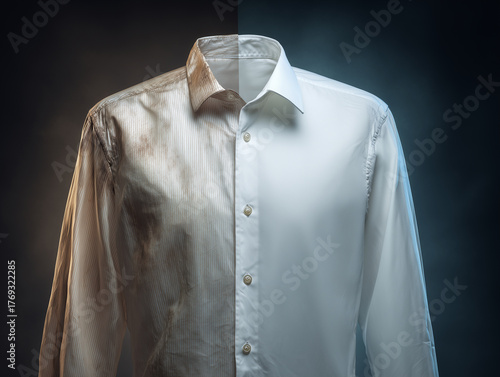 comparison of dirty, stained shirt and clean, white shirt, showcasing contrast between cleanliness and dirtiness. image evokes sense of transformation and renewal
