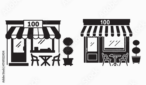 Black and white vector illustration of two stores with awnings