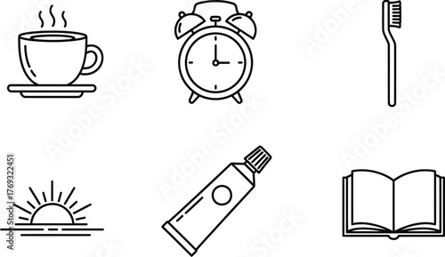 Morning routine icon set, including coffee, alarm, toothbrush alarm, and