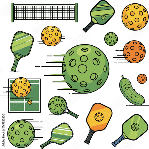 Isolated a kinds of deferent pickleball vector illustration, icon ball sport, ball with holes, pickle sport, logo vector art with white background.
