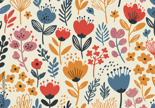 Seamless pattern tile background flowers and floral leaves plants