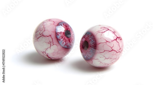 Two eerie eyeballs with red veins on a white background.