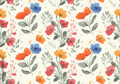 Seamless pattern tile background flowers and floral leaves plants