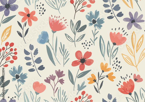 Watercolor painting of flowers and leaves on white background, creative arts