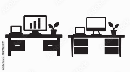 Home office desk setup with monitor laptop and potted plant icon