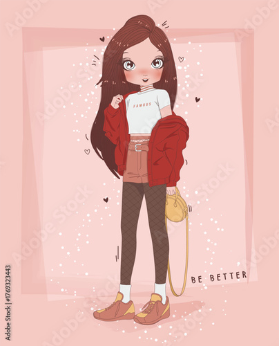 A trendy girl in a cozy red outfit and stylish accessories is striking a confident pose, embodying the spirit of fashion and self-expression through modern aesthetics.