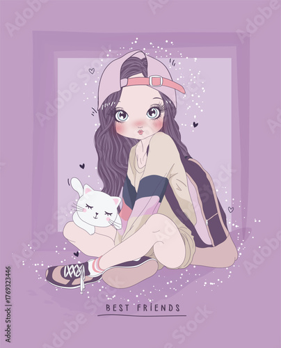 A girl with a cap and loungewear cuddles a cute stuffed animal, representing friendship, comfort, and the joy of companionship in a cozy, relaxed setting.