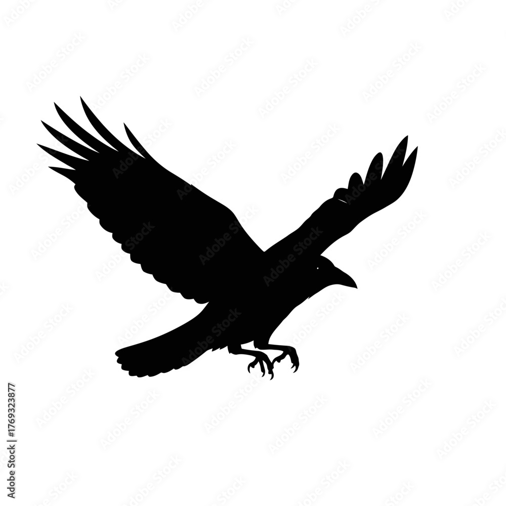 Obraz premium Majestic crow silhouette takes flight against a clean white background, symbolizing freedom and wildness.