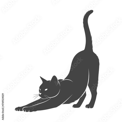 Graceful black cat stretching elegantly, embodying agility and serene motion in a clean, minimalist design.