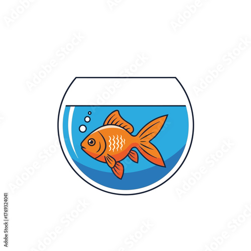 Vibrant orange goldfish swimming happily in a clear blue fishbowl with rising bubbles