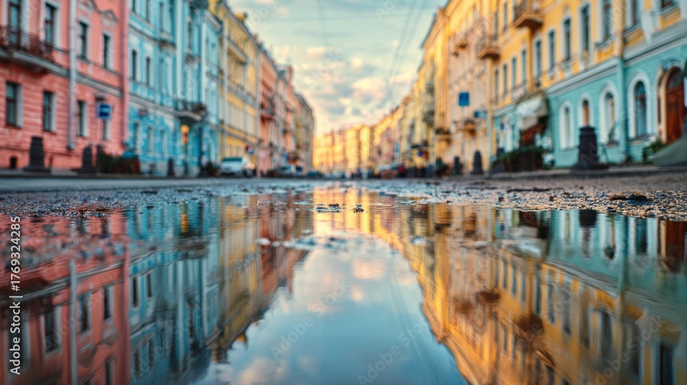 Naklejka premium A serene cityscape reflecting vibrant pastel buildings in a puddle after rain, capturing the charm of urban life.