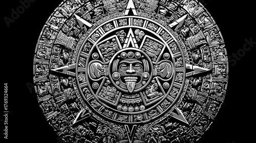 Detailed ancient stone calendar with intricate carvings and central face on a dark background, representing historical culture