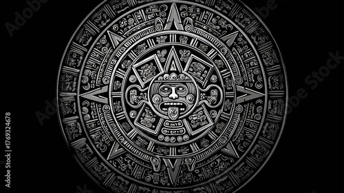 Intricate Ancient Mesoamerican Stone Calendar Carving. Detailed Symbolic Art Representing Time, History & Culture on Dark Background.
