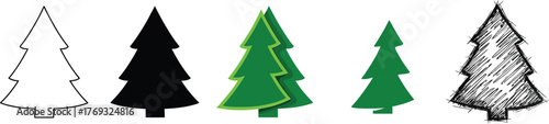 Collection of five different Christmas trees for decoration