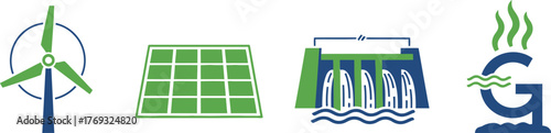 Renewable Energy Systems Icons Wind Turbine Solar Panel Hydroelectric Geothermal.