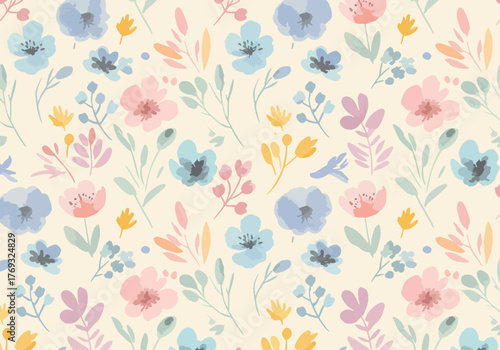 Seamless flying flowers in color. Repeatable background  flowers, isolated on white