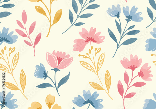 Seamless flying flowers in color. Repeatable background  flowers, isolated on white