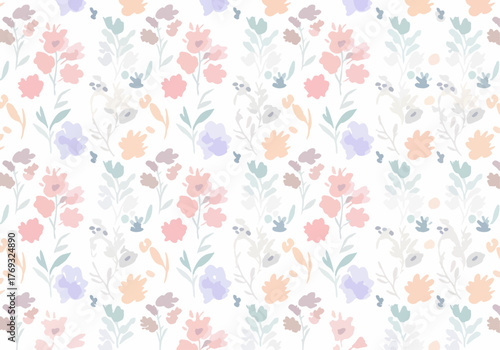 Seamless background of watercolor drawings of red flowers on a white background with leaves and branches