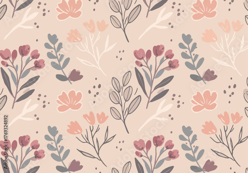Seamless background of watercolor drawings of red flowers on a white background with leaves and branches