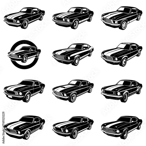 Vintage American Muscle Cars Collection: Classic Automotive Designs for Enthusiasts, Restoration Projects, and Nostalgic Car Culture, originally a scalable vector