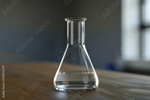 Glass erlenmeyer flask containing clear liquid stands on wooden table in laboratory setting, suggesting ongoing scientific research