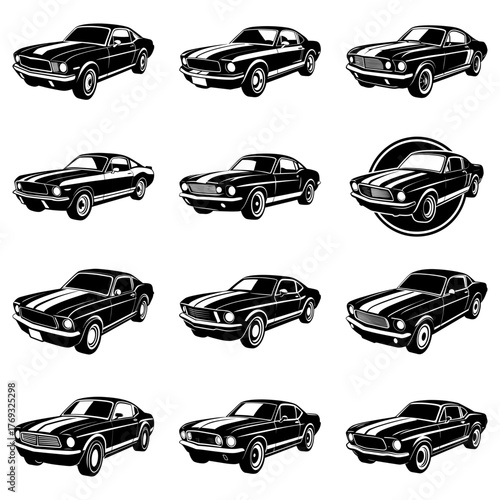 Iconic American muscle car collection, vintage automotive power, classic rides, dynamic vector art, bold design elements, nostalgic and strong, retro style
