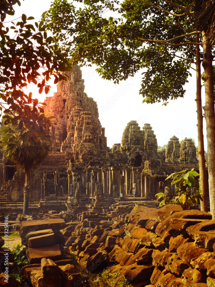 Fototapeta premium Bayon Temple, Cambodia. Bayon Temple at Angkor Thom, Angkor, Cambodia. Siem Reap. Ancient Khmer architecture. UNESCO World Heritage Centre