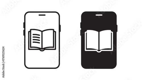 Two mobile phones displaying open books line art on transparent background silhouette