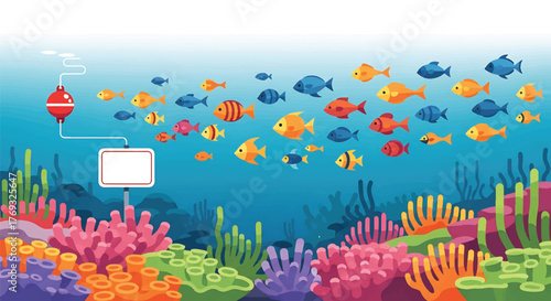 Colorful illustration of a school of fish swimming above vibrant coral reef with seaweed in the ocean
