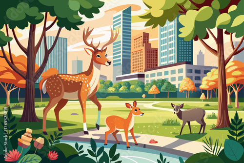 A family of white-tailed deer along with a moose and a fawn graze near an urban park in Wisconsin, wildlife nature photography that showcases an urban forest habitat and a peaceful outdoor animal scen