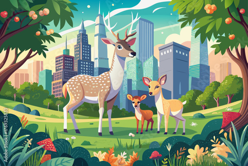 A family of white-tailed deer along with a moose and a fawn graze near an urban park in Wisconsin, wildlife nature photography that showcases an urban forest habitat and a peaceful outdoor animal scen