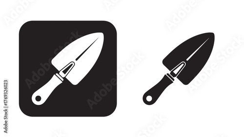 Two gardening trowels simple design black and white on transparent background silhouette