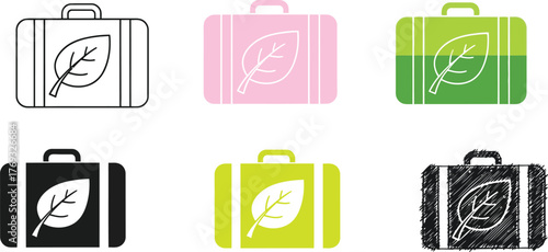 Various ecofriendly suitcases with a leaf symbol are displayed.