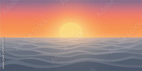 Vibrant sunset over a calm ocean with gentle waves and a gradient sky of orange purple and yellow