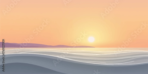 Serene ocean waves gently roll towards a distant shore under a warm glowing sunset sky