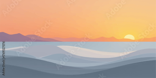 Serene ocean waves gently roll towards distant mountains under a vibrant warm sunset sky
