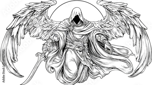 Powerful Winged Hooded Figure with Sword Black and White Fantasy Illustration - Mysterious Angelic Warrior Vector Art