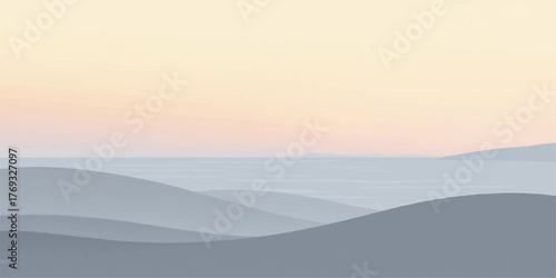 Serene pastel gradient sky over layered misty mountain peaks at dawn or dusk
