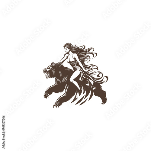 illustration of a powerful female figure riding a fiercely charging grizzly bear
