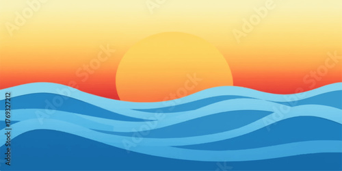 Stylized flat illustration of a vibrant orange sun setting over rolling blue ocean waves