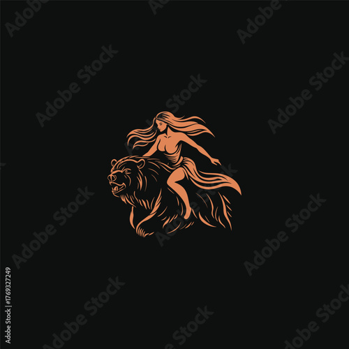 illustration of a powerful female figure riding a fiercely charging grizzly bear