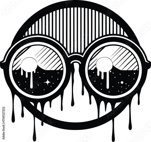 Surreal dripping round glasses line art illustration with starry night sky and mountain landscape for abstract vision concept