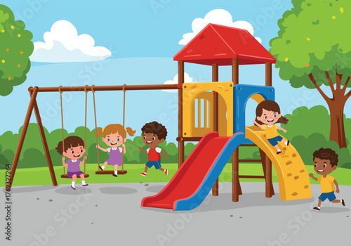 Cartoon playground scene with children playing on swings, slide, and climbing wall for outdoor fun, activity, and childhood development illustration