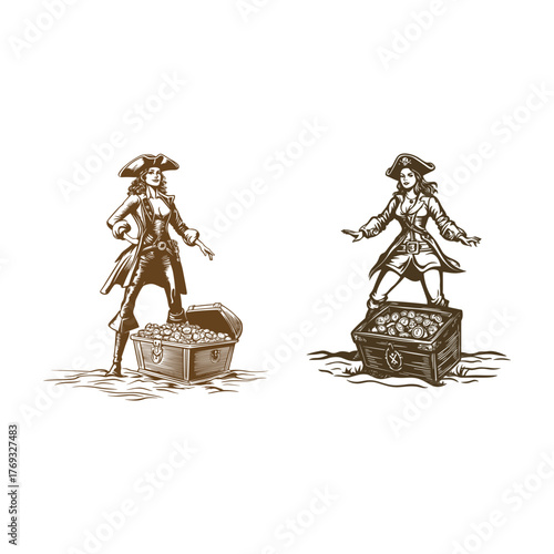 Vintage engraving style illustration of a confident female pirate standing proudly beside an open wooden treasure chest overflowing with gold coins