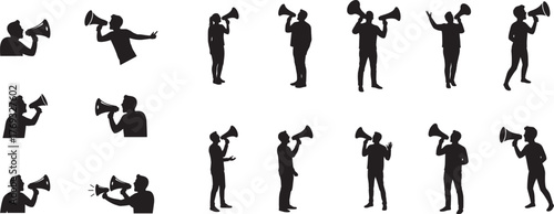 Silhouettes of people with megaphones in various poses representing activism protest and public announcement communication concepts vector