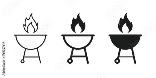 Grill icon. Grill bbq vector icon set. Grill barbecue cook flame icon.