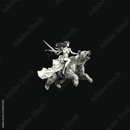 Powerful vintage engraving style illustration of a brave fantasy warrior woman with a sword riding a charging grizzly bear