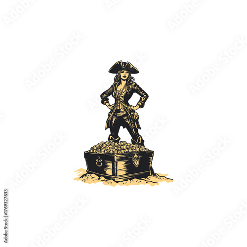 Vintage engraving style illustration of a confident female pirate standing proudly beside an open wooden treasure chest overflowing with gold coins