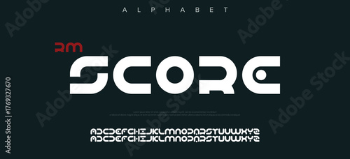 Technology font, digital cyber alphabet made sport style, letters A, B, C, D, E, F, G, H, I, J, K, L, M, N, O, P, Q, R, S, T, U, V, W, X, Y, Z and numerals 0, 1, 2, 3, 4, 5, 6, 7, 8, 9.