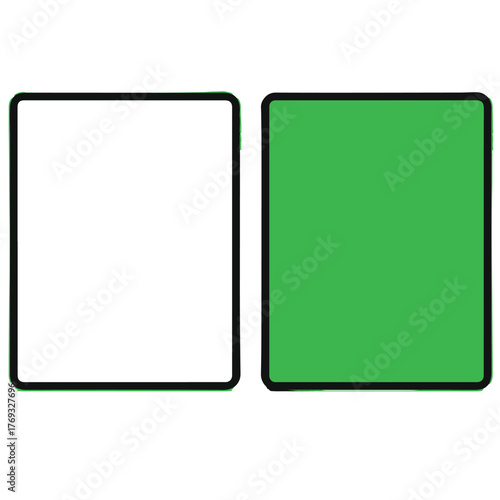 Tablet Mockup Set with Green and Blank Screens, Realistic Multi-Angle Vector Illustration for UI, App Design, and Presentation Previews